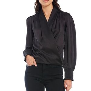 NWT B.O.G Collective satin black pleated shoulder open twist front longsleeve to